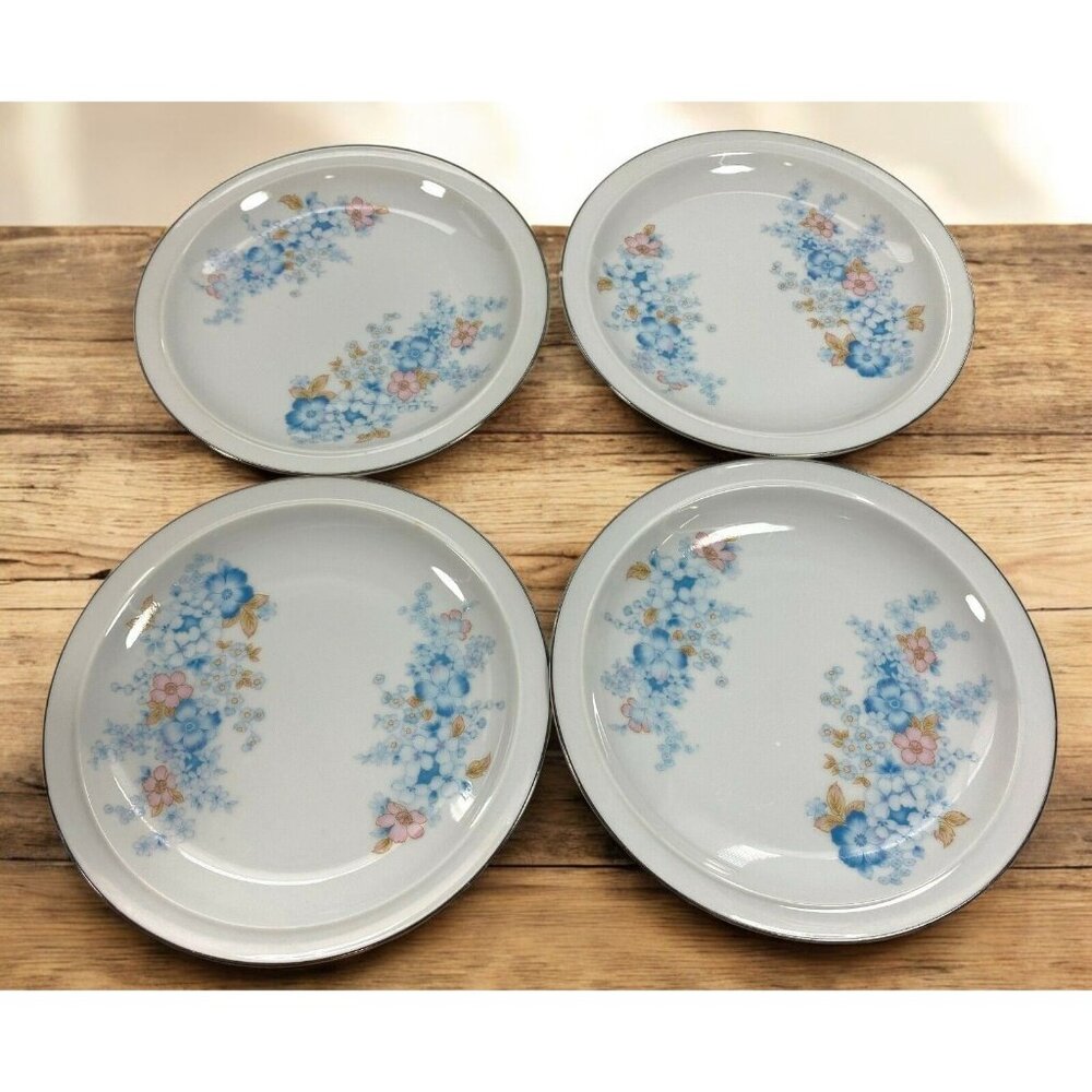 Fanci Florals Blue Morn Bread Plates Lot of 4 Dessert Salad Porcelain Japan